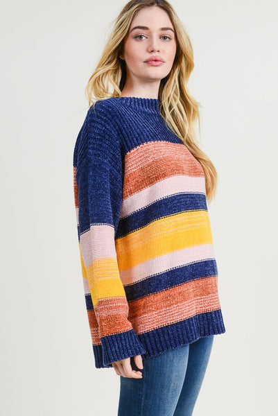 Mock Neck Chenille Color Blocked Sweater