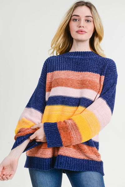 Mock Neck Chenille Color Blocked Sweater