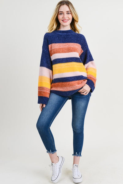 Mock Neck Chenille Color Blocked Sweater