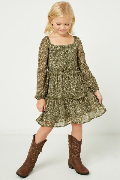 Olive Tiered Ditsy Print Long Sleeve Dress - Kids