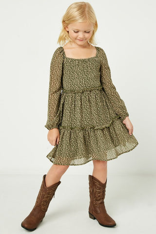 Olive Tiered Ditsy Print Long Sleeve Dress - Kids