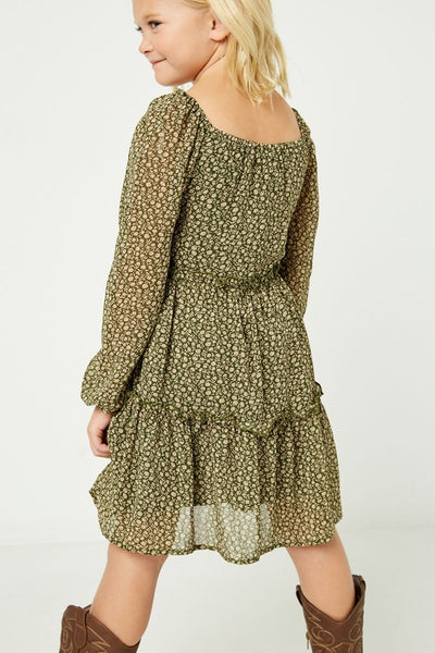 Olive Tiered Ditsy Print Long Sleeve Dress - Kids