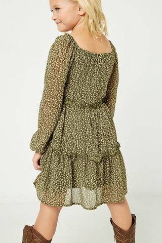 Olive Tiered Ditsy Print Long Sleeve Dress - Kids