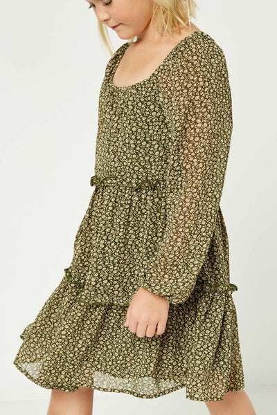 Olive Tiered Ditsy Print Long Sleeve Dress - Kids