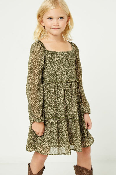Olive Tiered Ditsy Print Long Sleeve Dress - Kids