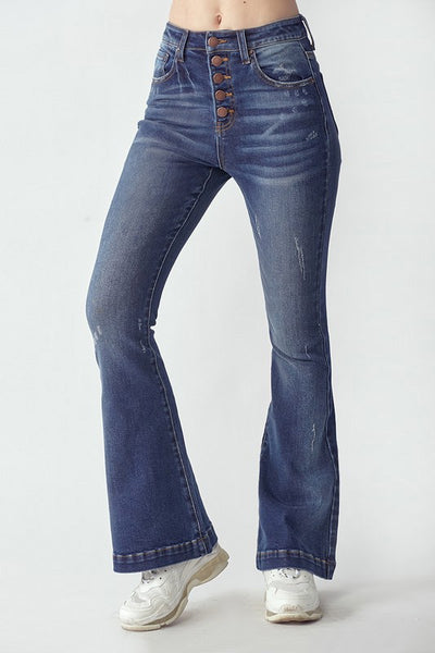 Button Fly Vintage Washed Flare Jeans