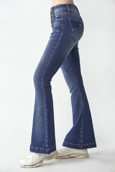 Button Fly Vintage Washed Flare Jeans