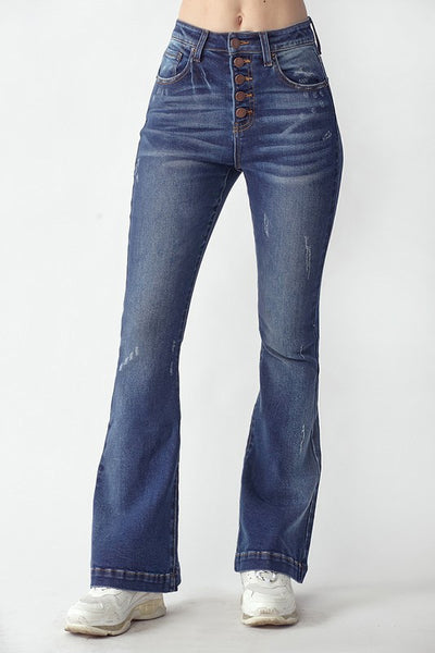 Button Fly Vintage Washed Flare Jeans