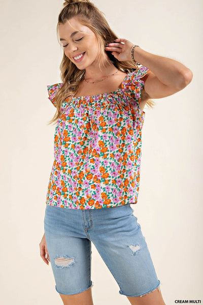 Soft Bubble Crepe Square Neck Ruffle Sleeve Top