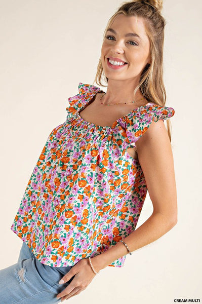 Soft Bubble Crepe Square Neck Ruffle Sleeve Top