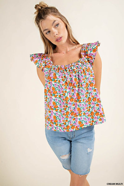 Soft Bubble Crepe Square Neck Ruffle Sleeve Top