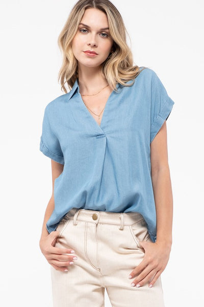 Collared Chambray Top with Button Back