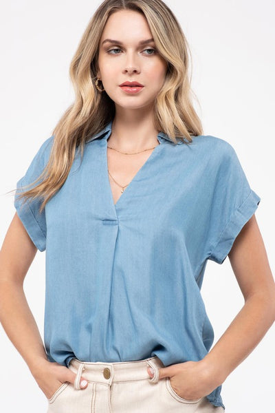 Collared Chambray Top with Button Back