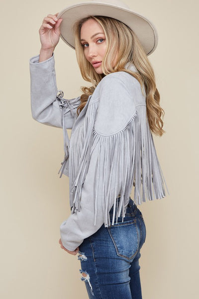 Suede Moto Jacket with Fringe Back Detail