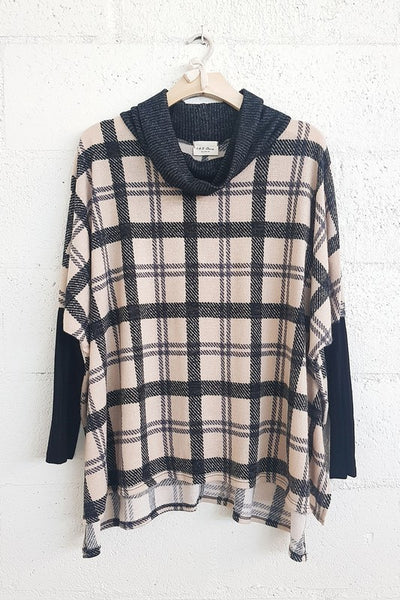 Plaid Cowl Neck Poncho Top