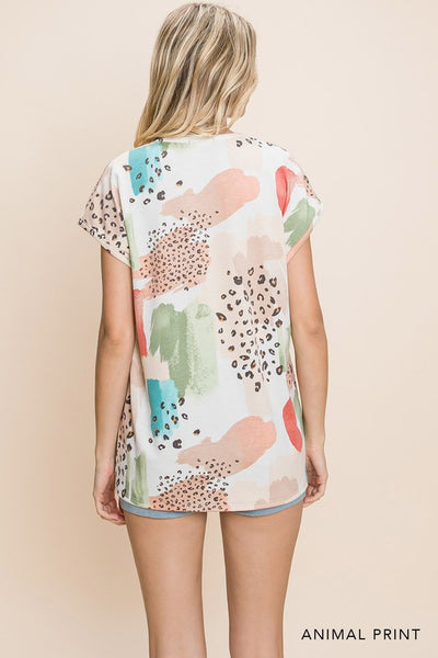 French Terry Animal Print V-neck Top
