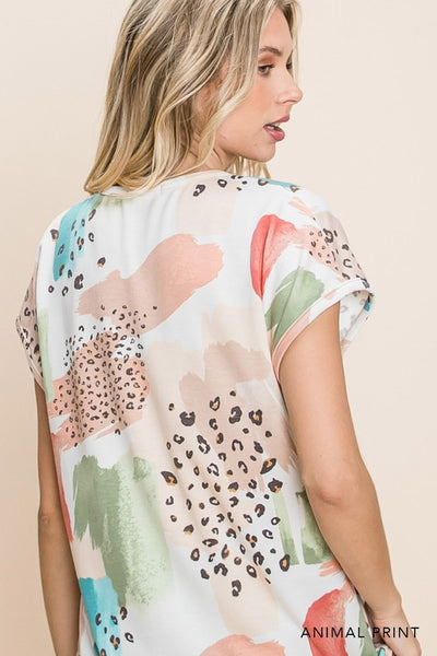French Terry Animal Print V-neck Top