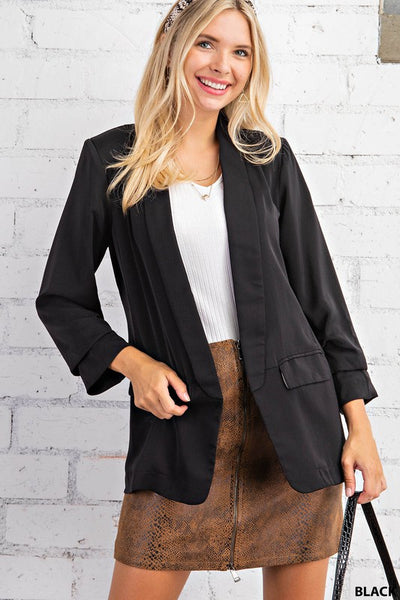 Open Ruched Sleeve Black Blazer