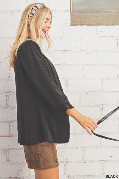Open Ruched Sleeve Black Blazer