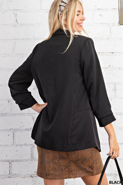 Open Ruched Sleeve Black Blazer