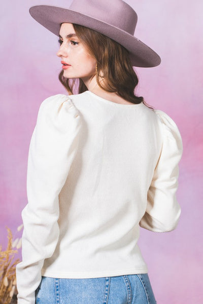 Puff Sleeves Ribbed Knit Top