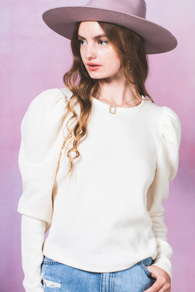 Puff Sleeves Ribbed Knit Top