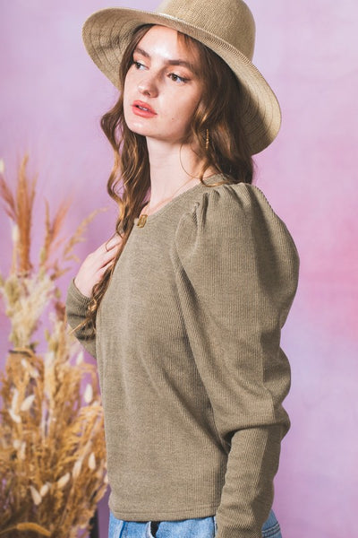 Puff Sleeves Ribbed Knit Top