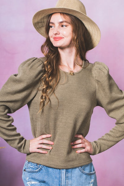 Puff Sleeves Ribbed Knit Top