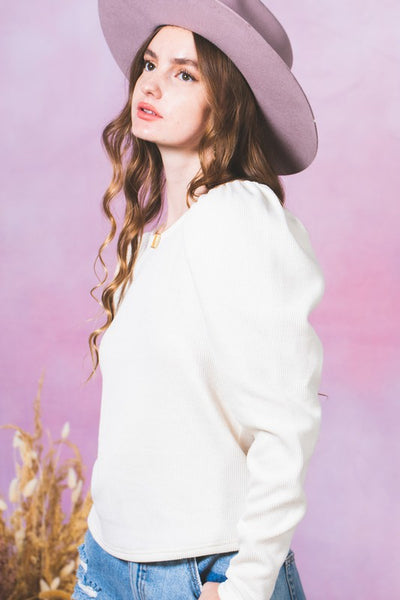Puff Sleeves Ribbed Knit Top
