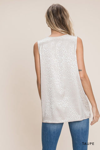 Taupe Leopard Jacquard Sleeveless V Neck Top