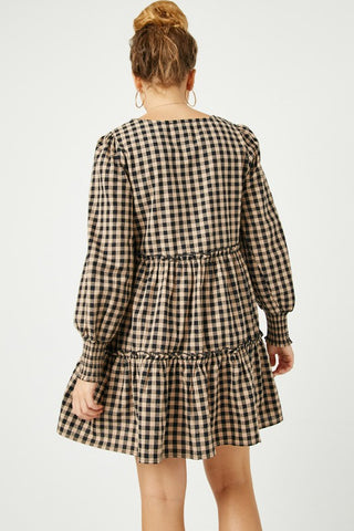 Smocked Cuff Sleeve V-Neck Tiered Plaid Dress