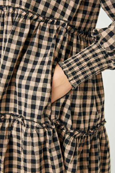 Smocked Cuff Sleeve V-Neck Tiered Plaid Dress