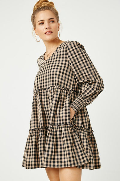 Smocked Cuff Sleeve V-Neck Tiered Plaid Dress