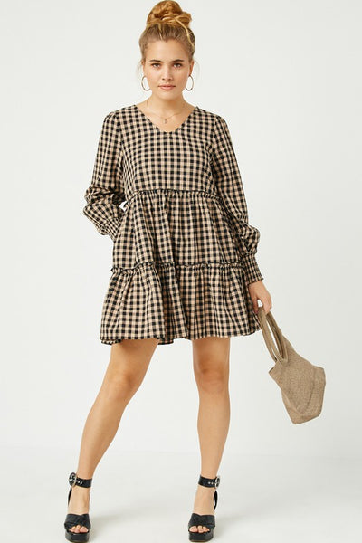 Smocked Cuff Sleeve V-Neck Tiered Plaid Dress