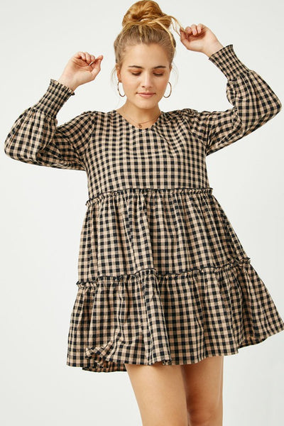 Smocked Cuff Sleeve V-Neck Tiered Plaid Dress