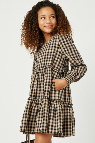 Smocked Cuff Sleeve V-Neck Tiered Plaid Dress - Kids