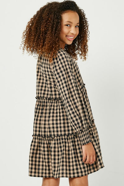 Smocked Cuff Sleeve V-Neck Tiered Plaid Dress - Kids