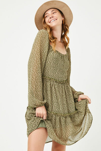 Olive Tiered Ditsy Floral Long Sleeve Dress