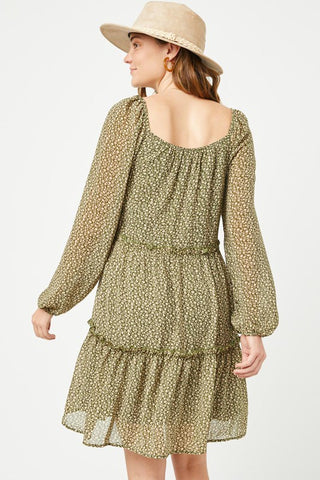 Olive Tiered Ditsy Floral Long Sleeve Dress