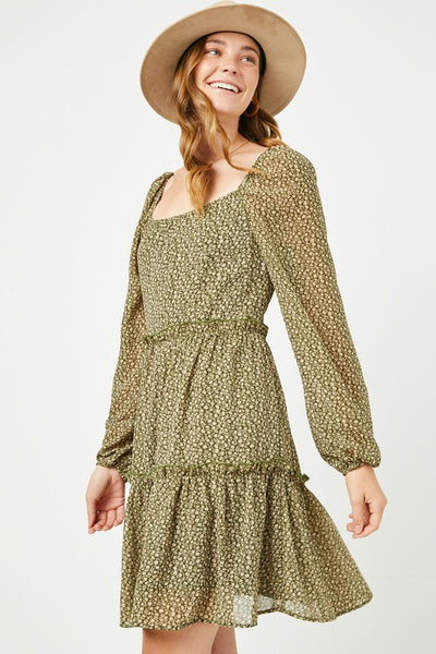Olive Tiered Ditsy Floral Long Sleeve Dress