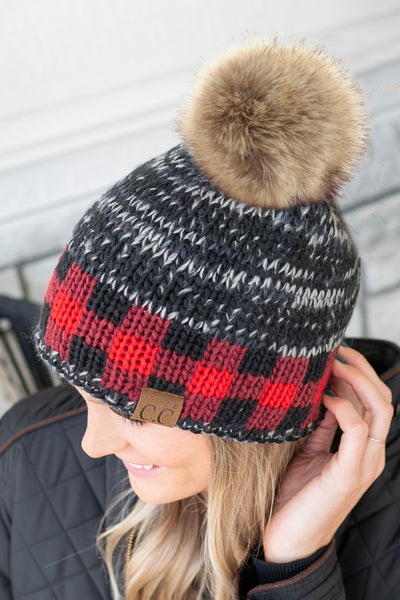 CC Buffalo Plaid Fuzzy Lined Beanie Hat