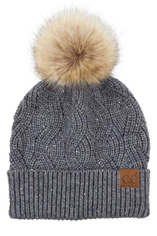 CC Sequin Beanie Hat with Pom