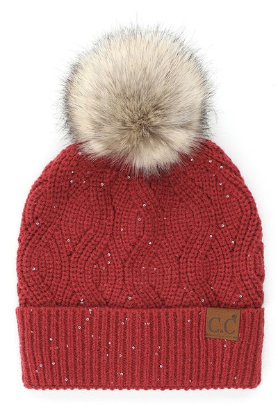 CC Sequin Beanie Hat with Pom