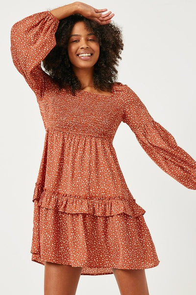Rust Smocked Bodice Puff Sleeve Ruffled Dress
