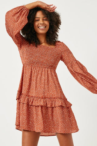 Rust Smocked Bodice Puff Sleeve Ruffled Dress