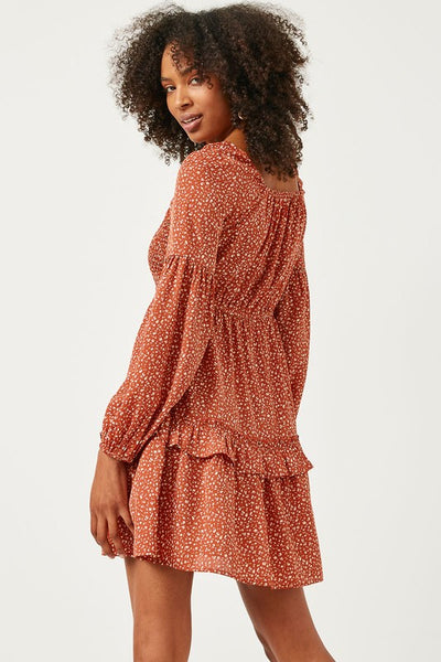 Rust Smocked Bodice Puff Sleeve Ruffled Dress