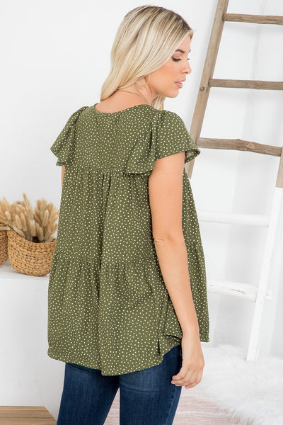 Polka Dot Rib Babydoll Top - Olive
