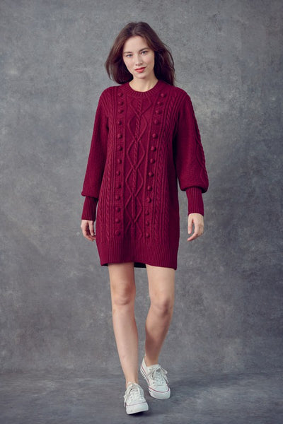 Cable Knit Sweater Dress - Sangria
