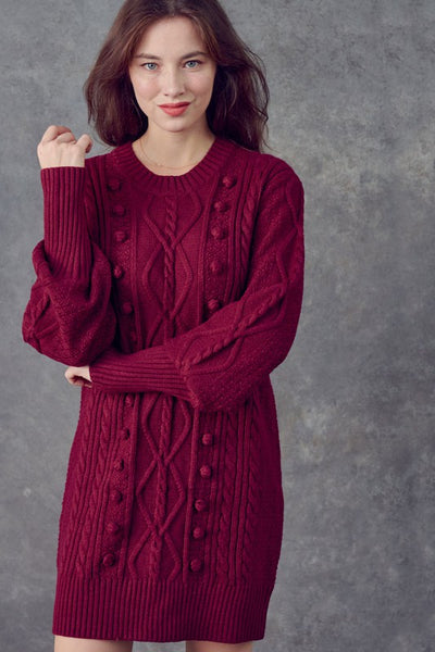 Cable Knit Sweater Dress - Sangria