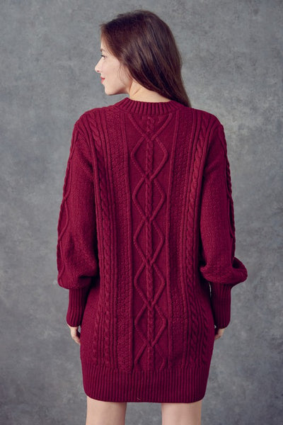 Cable Knit Sweater Dress - Sangria